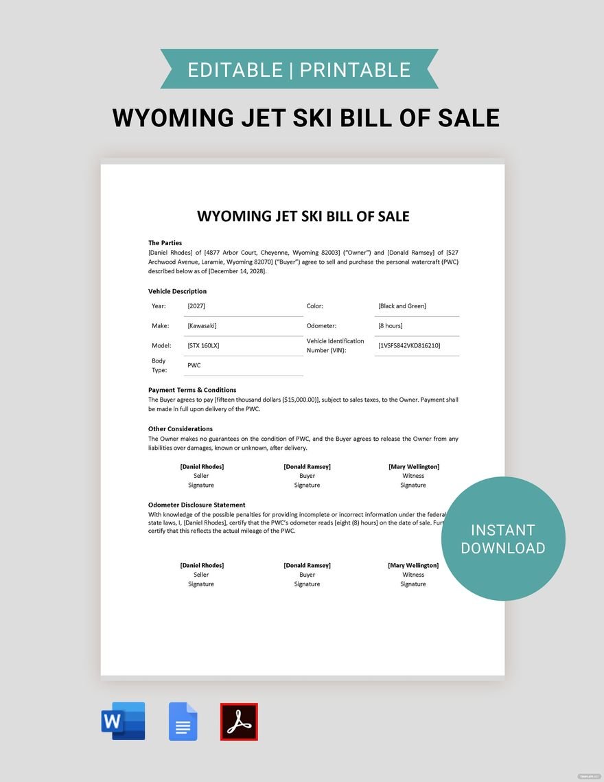 Wyoming Jet Ski Bill of Sale Template