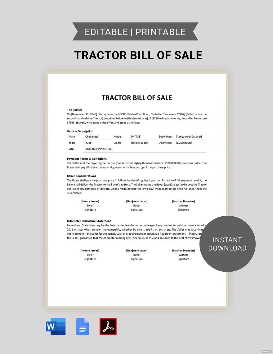 Tractor Bill of Sale Template in Word, Google Docs, PDF