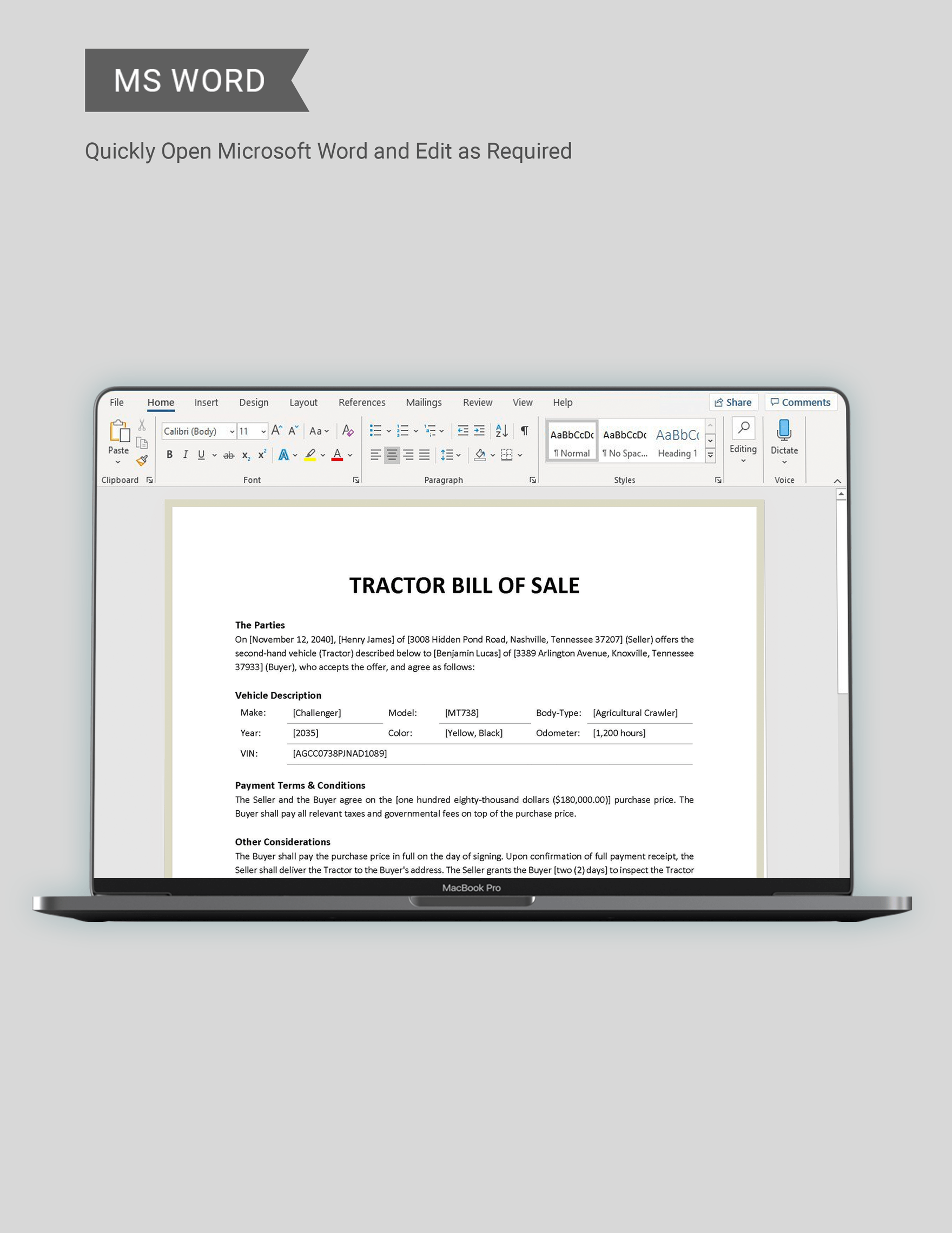 Tractor Bill of Sale Template