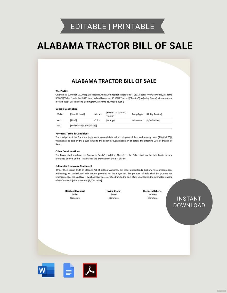 Alabama Tractor Bill of Sale Template in Word, Google Docs, PDF