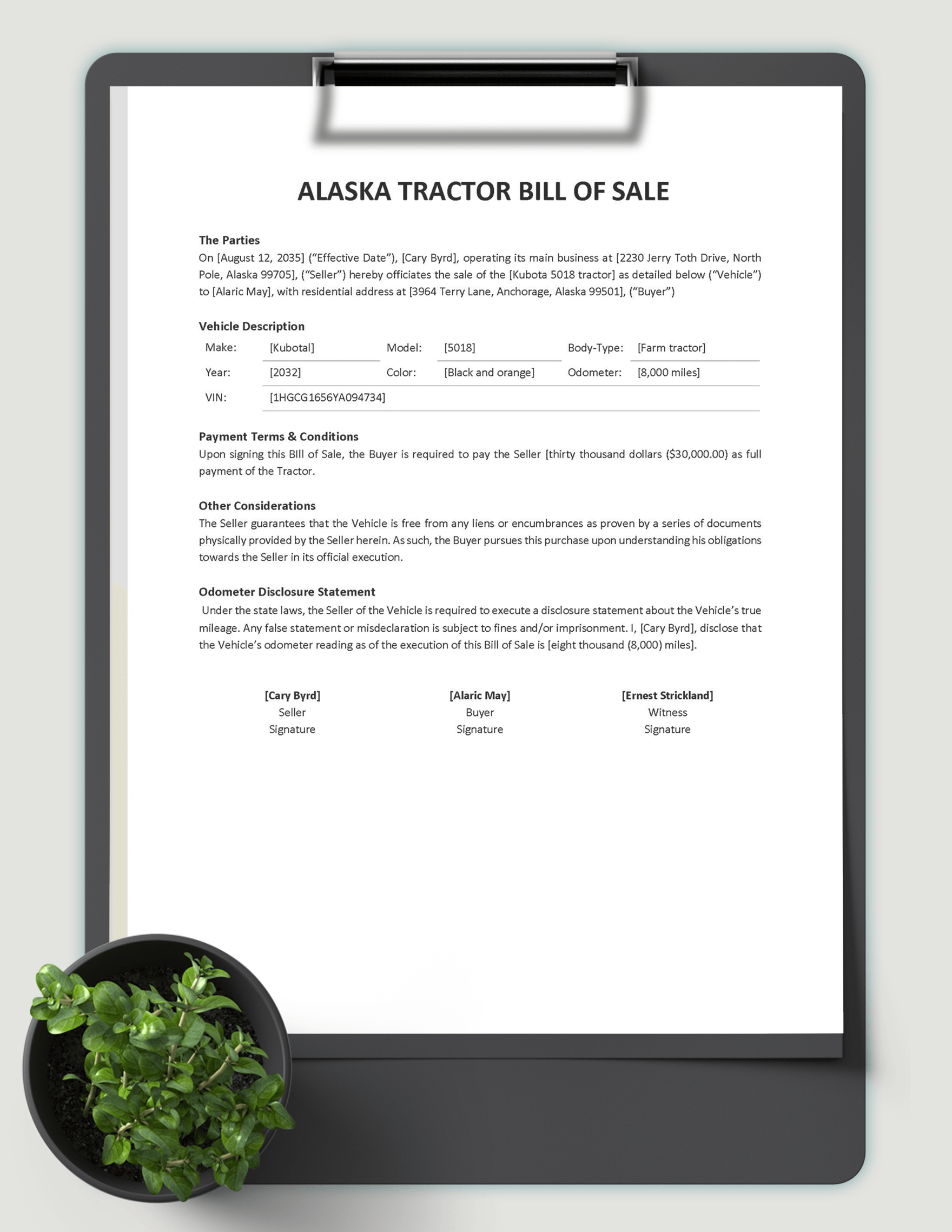 Alaska Tractor Bill of Sale Template