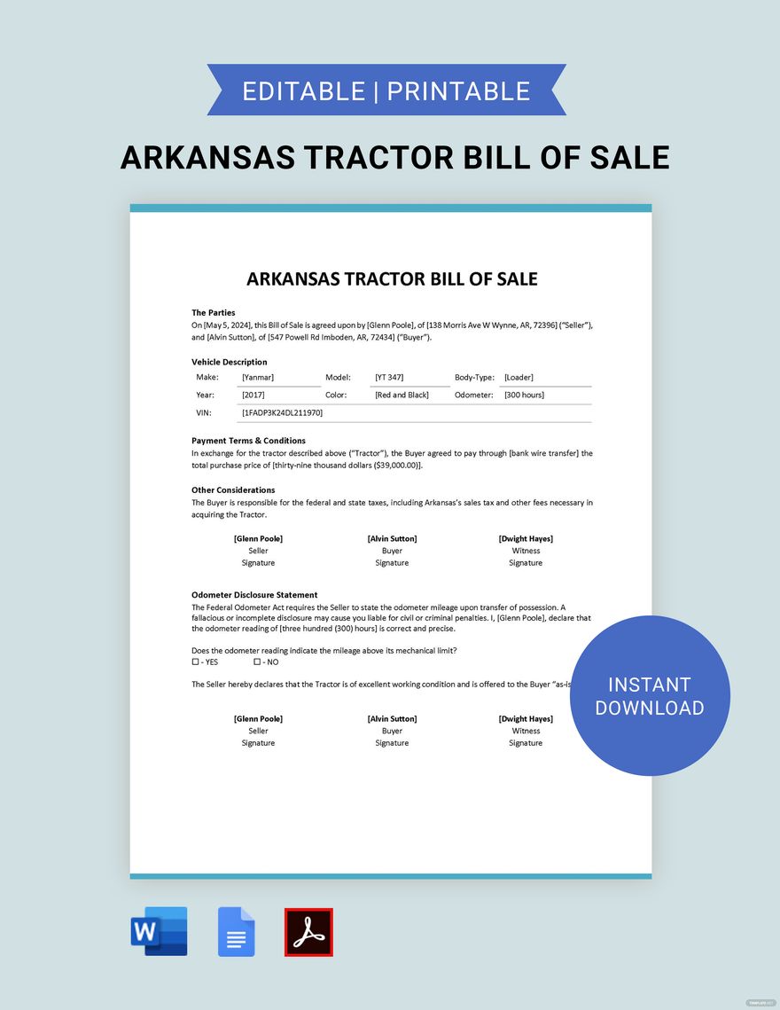 Arkansas Tractor Bill of Sale Template in Word, Google Docs, PDF