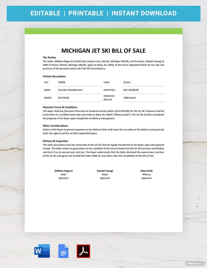 Michigan Jet Ski Bill of Sale Template in Word, Google Docs, PDF