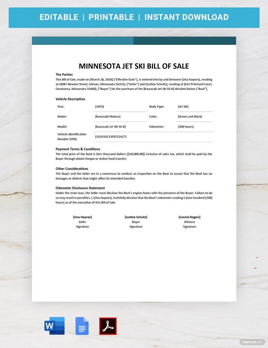Minnesota Jet Ski Bill of Sale Template
