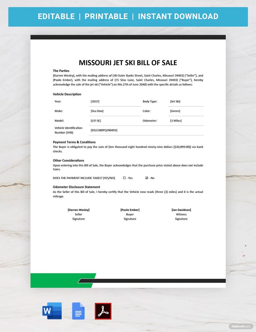 Missouri Jet Ski Bill of Sale Template