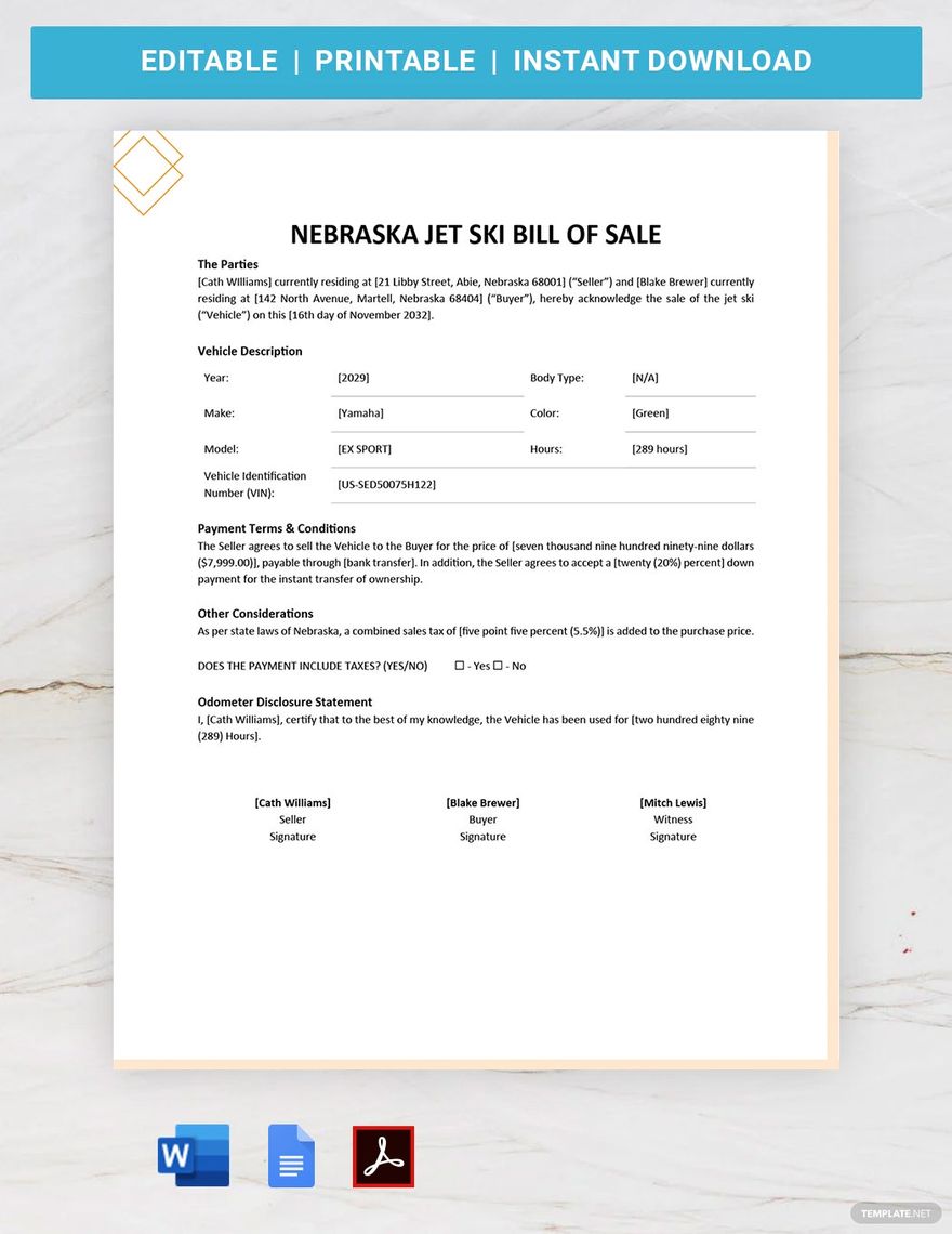 Nebraska Jet Ski Bill of Sale Template