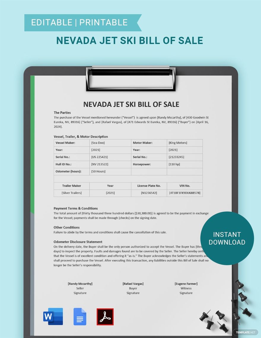 Nevada Jet Ski Bill of Sale Template
