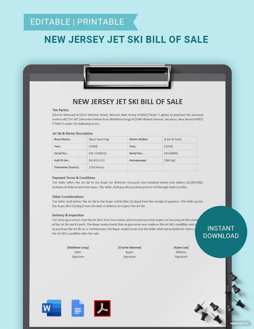 New Jersey Jet Ski Bill of Sale Template