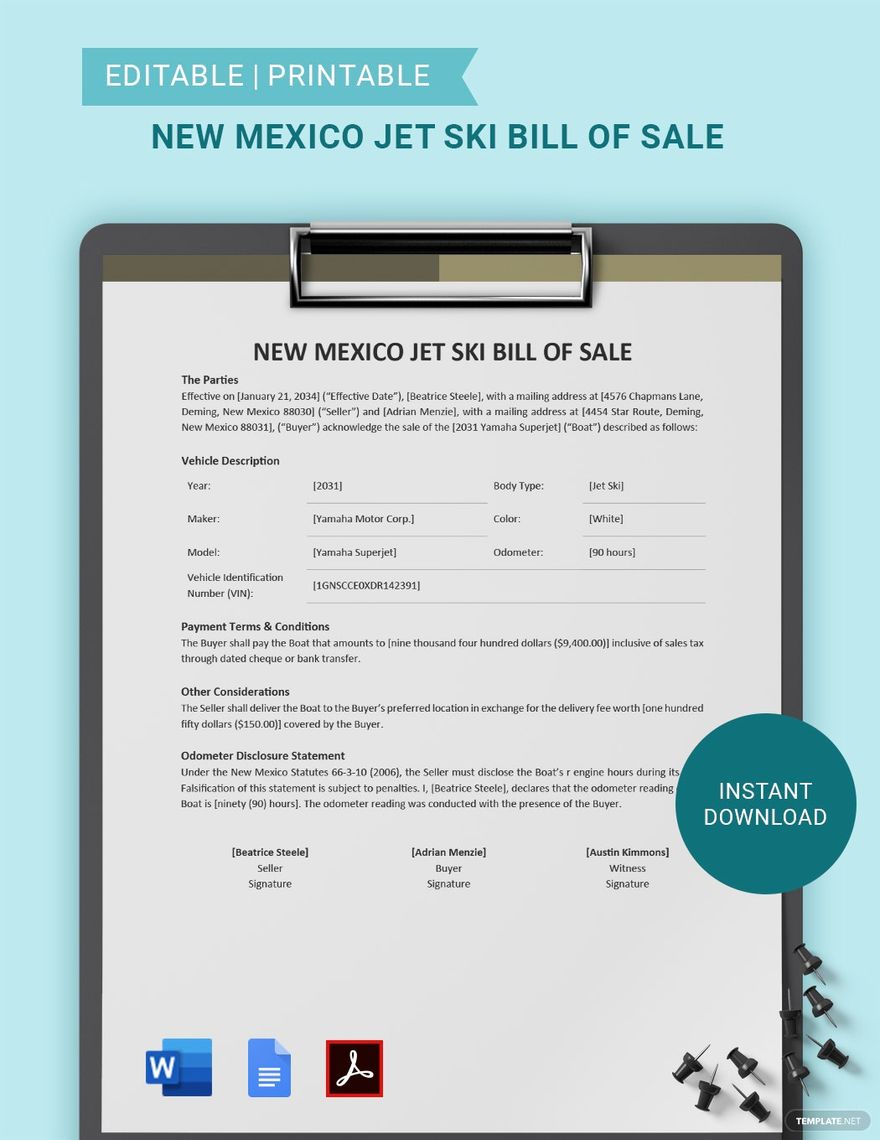 Free New Mexico Jet Ski Bill of Sale Form Template in Word, Google Docs, PDF