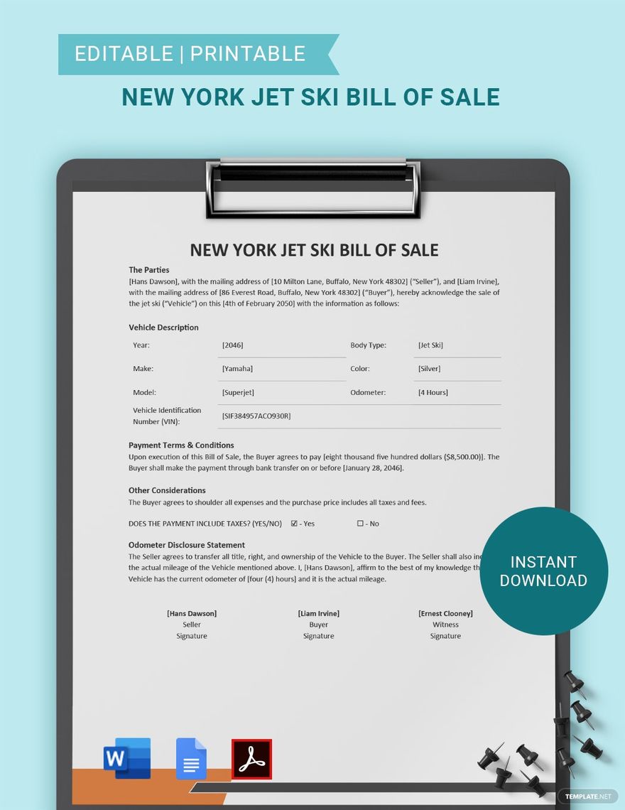New York Jet Ski Bill of Sale Template