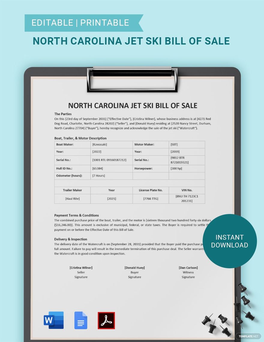 North Carolina Jet Ski Bill of Sale Template