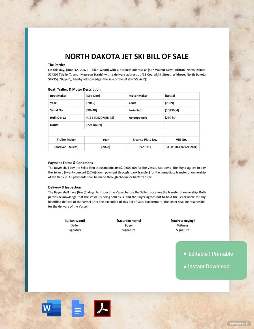 North Dakota Jet Ski Bill of Sale Template
