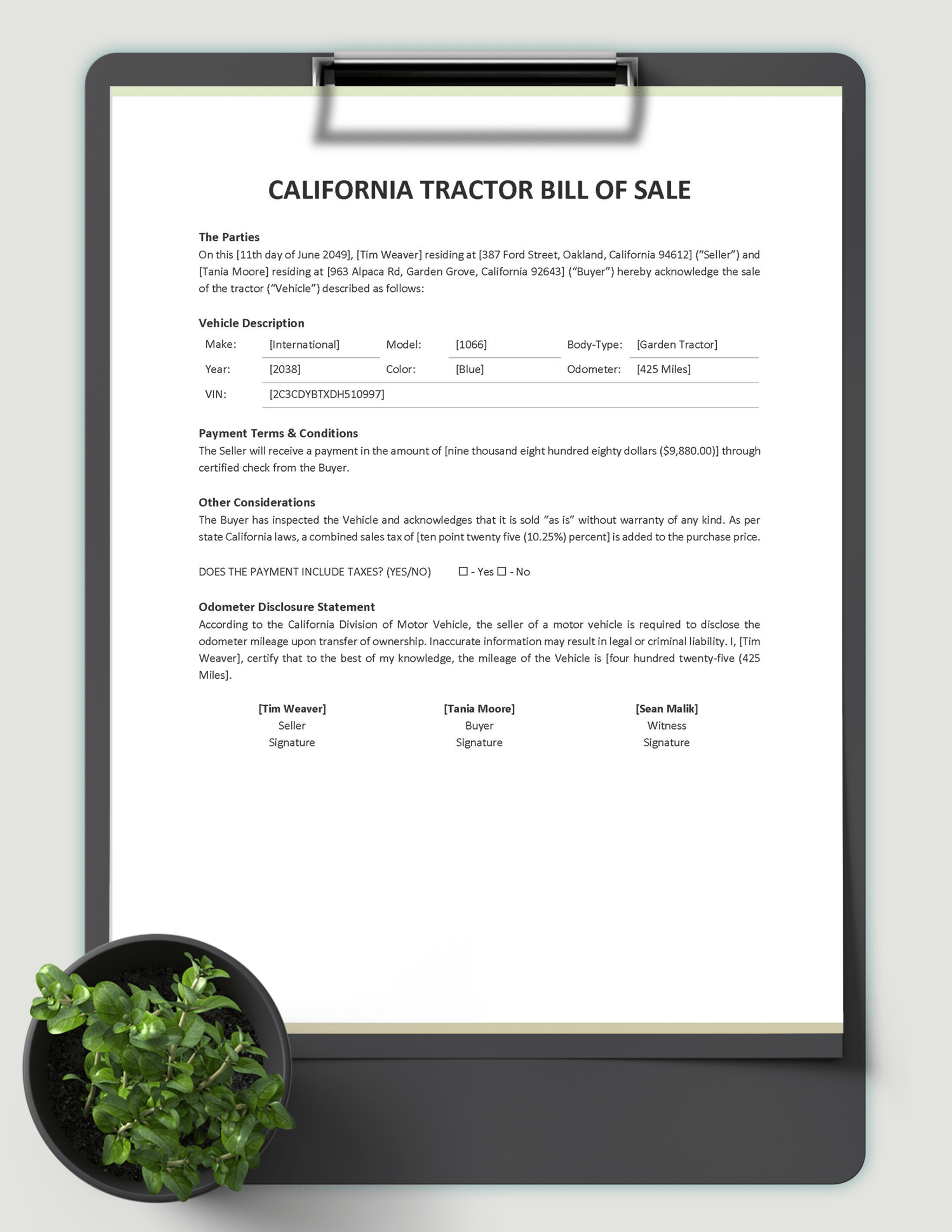 California Tractor Bill of Sale Form Template