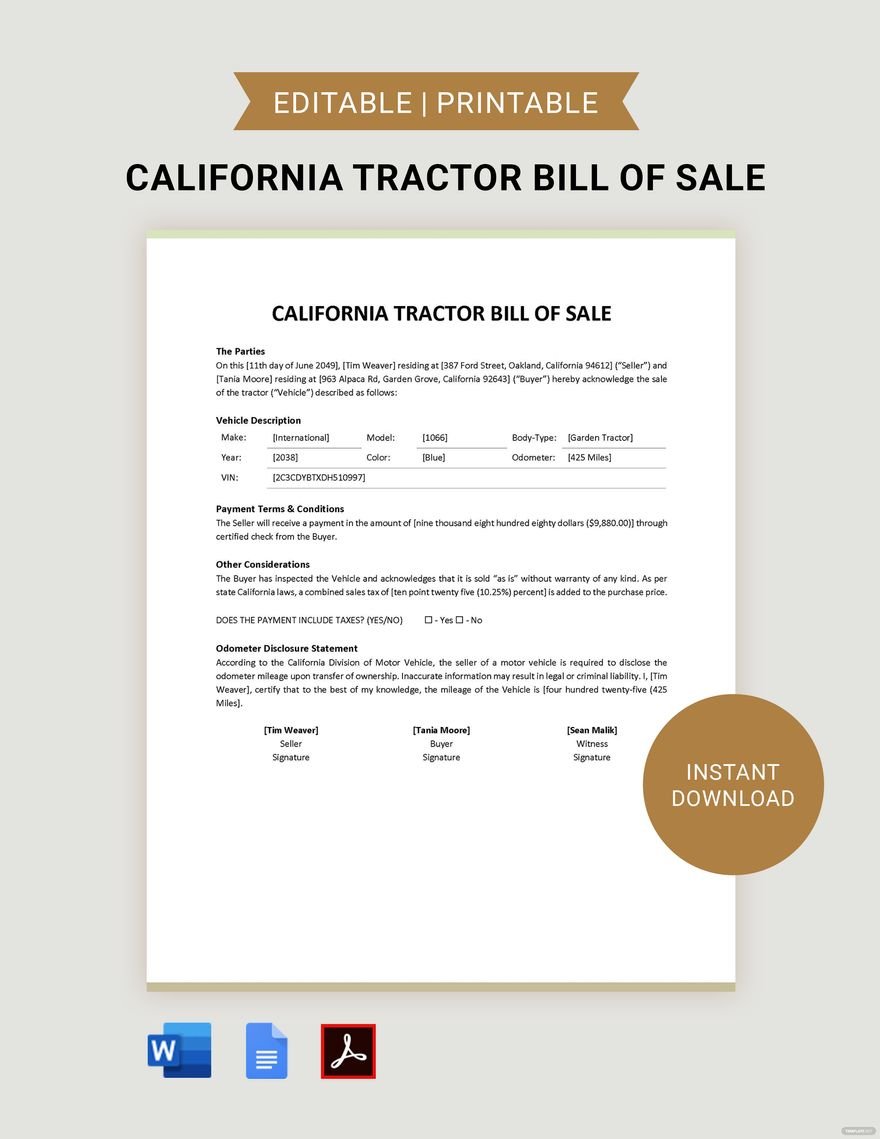 California Tractor Bill of Sale Form Template