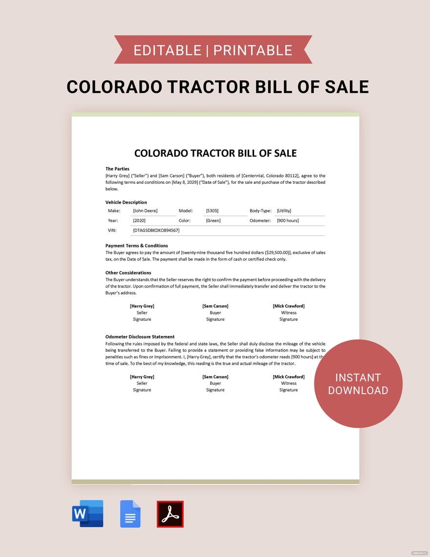 Colorado Tractor Bill of Sale Template in Word, Google Docs, PDF