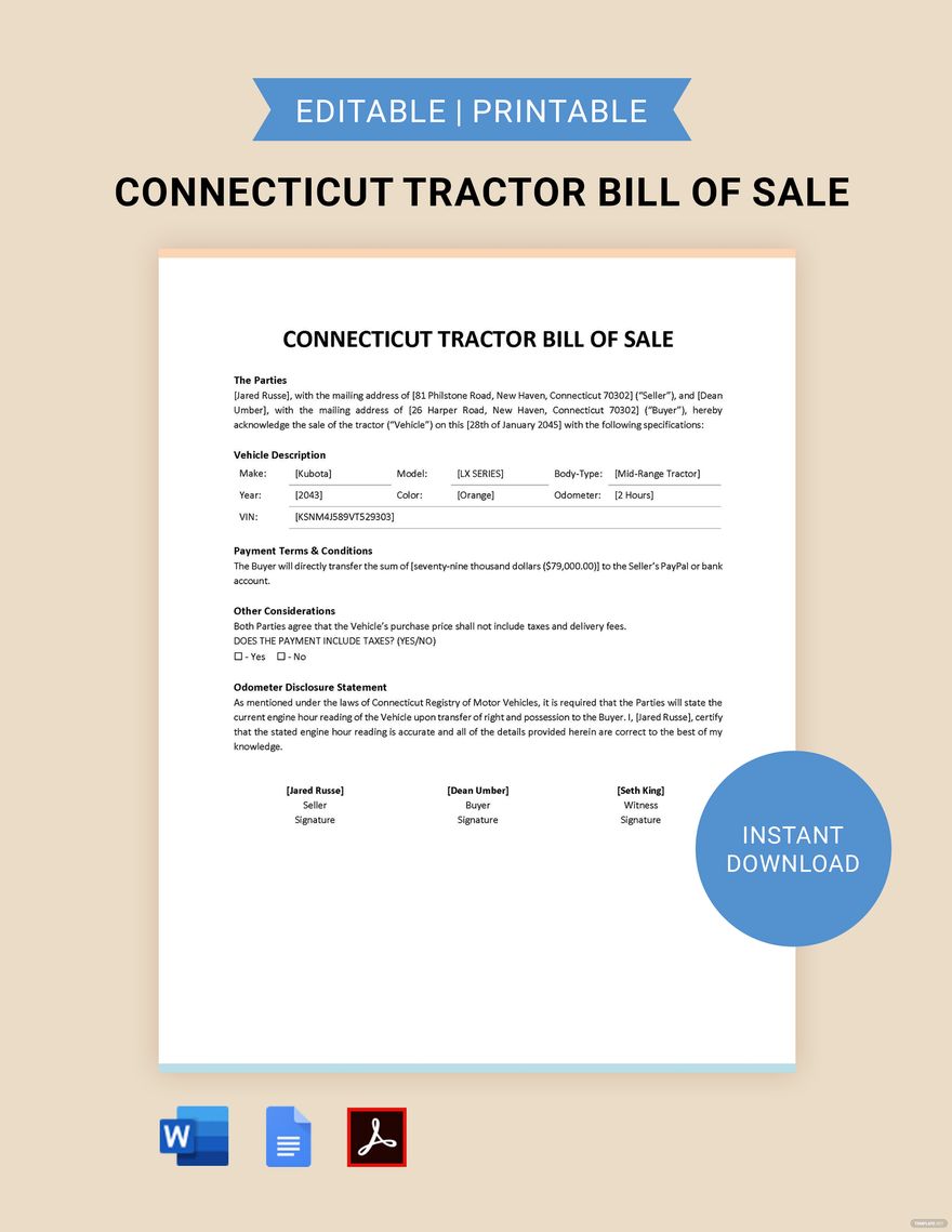 Connecticut Tractor Bill of Sale Template in Word, Google Docs, PDF, Apple Pages