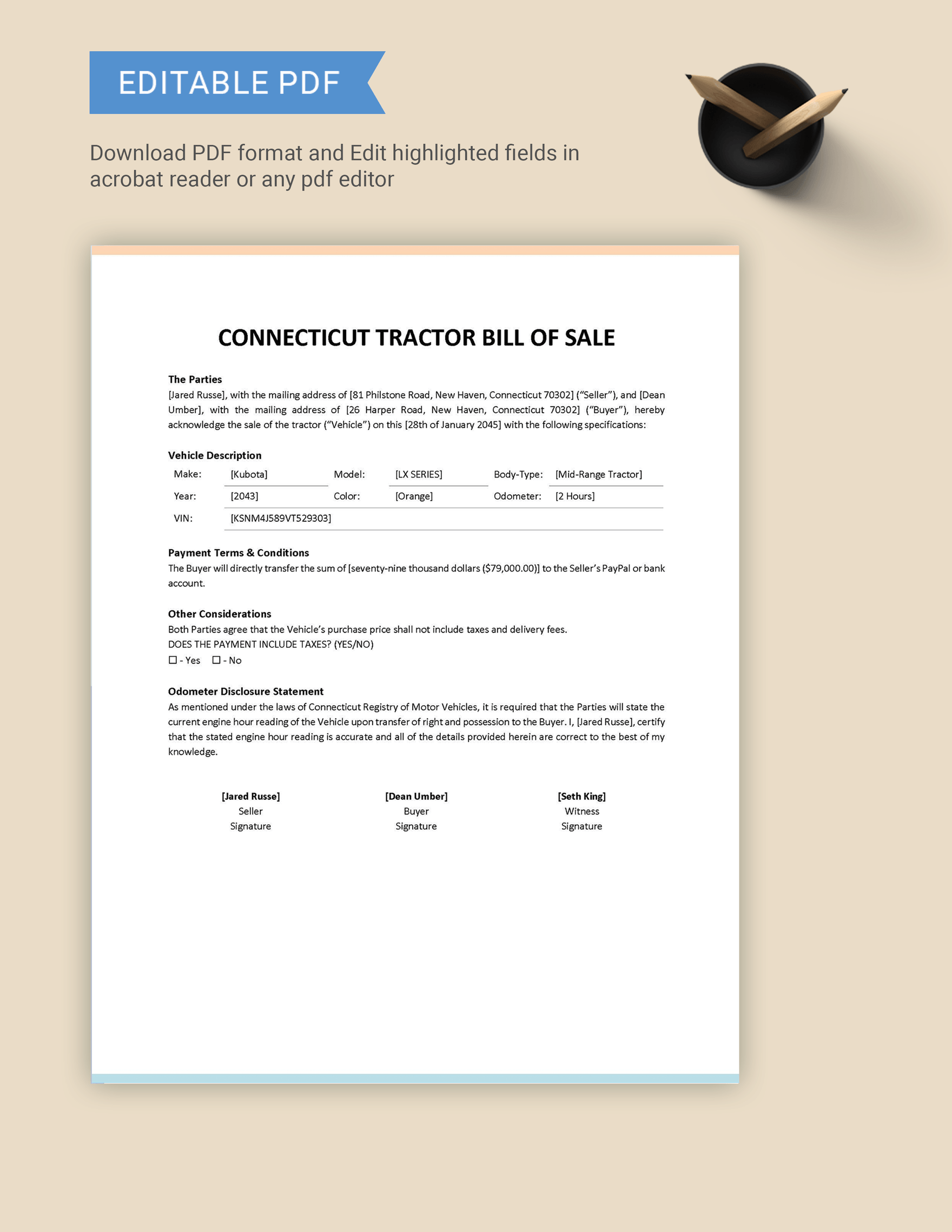 Connecticut Tractor Bill of Sale Template