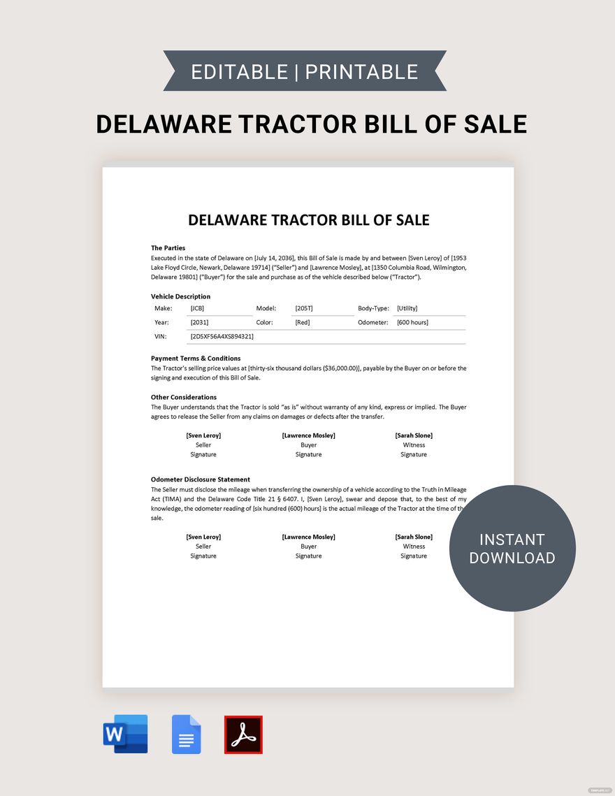 Delaware Tractor Bill of Sale Template