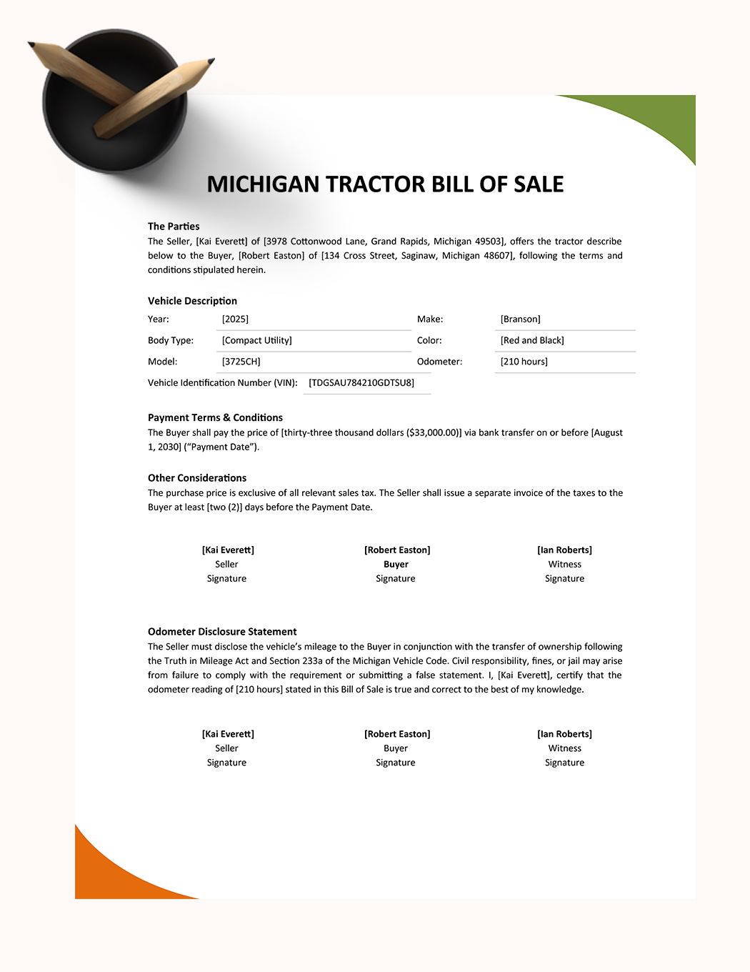 Michigan Tractor Bill Of Sale Template