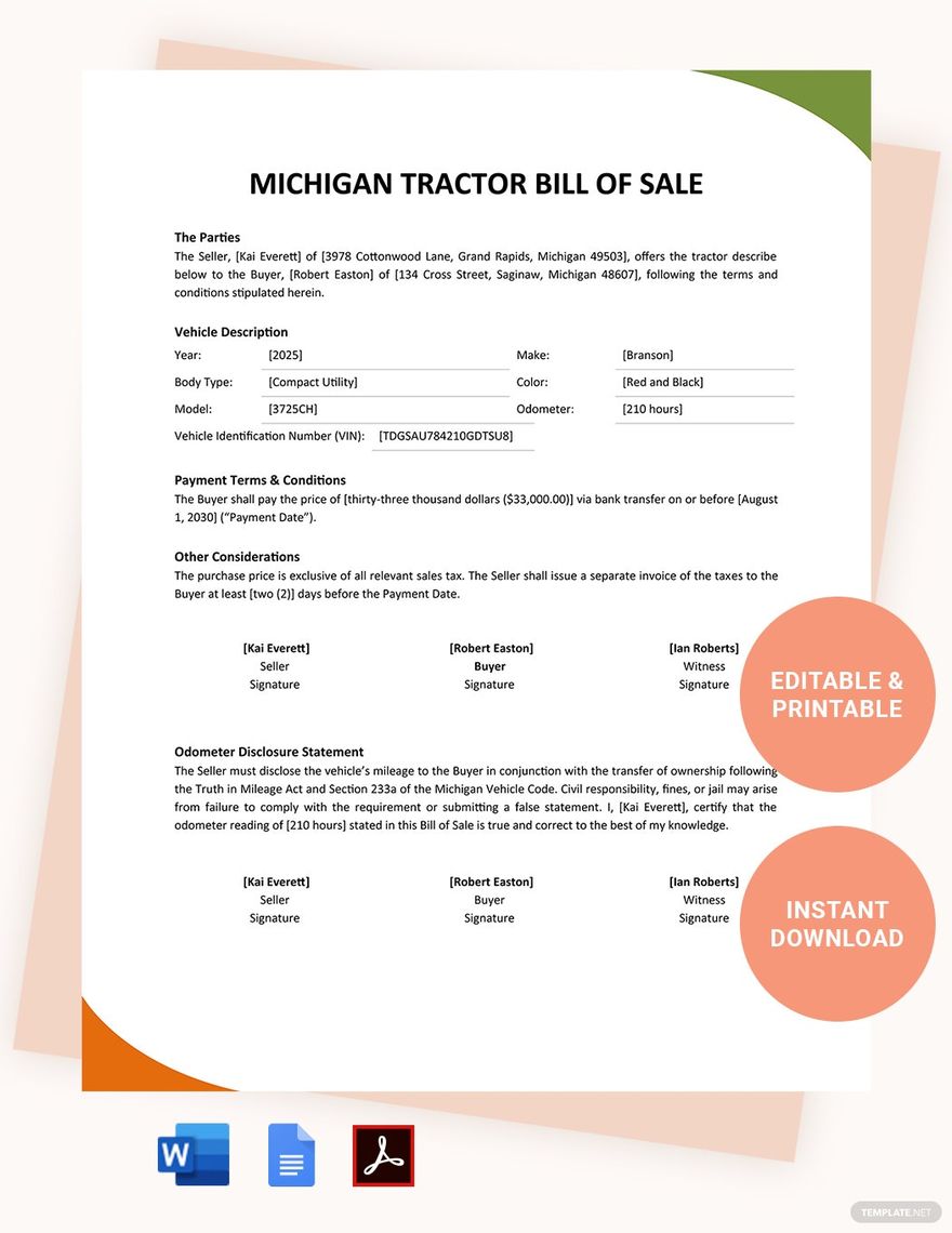 Michigan Tractor Bill Of Sale Template in Word, Google Docs, PDF