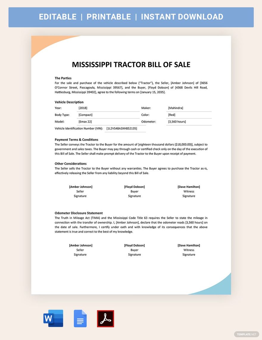 Free Mississippi Tractor Bill Of Sale Form Template Download In Word Google Docs PDF 