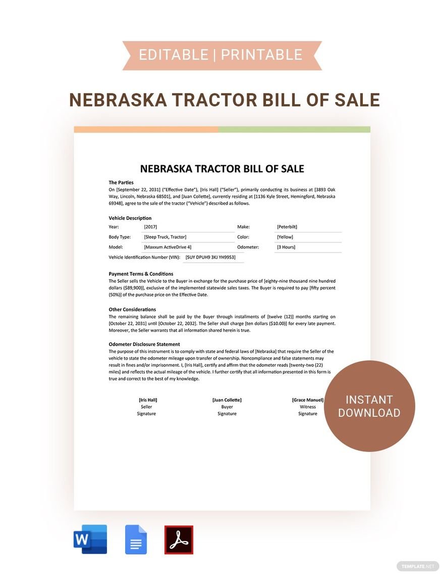 Nebraska Tractor Bill Of Sale Template