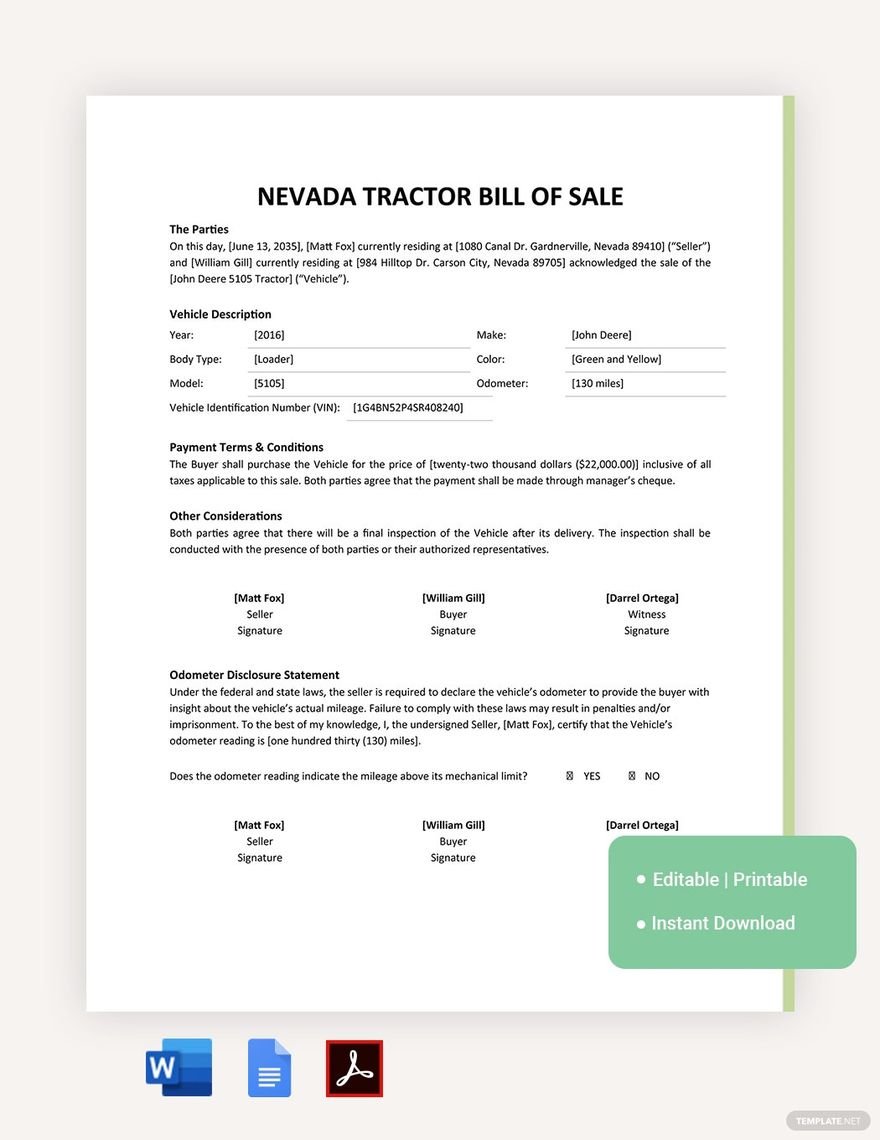 Nevada Tractor Bill Of Sale Template