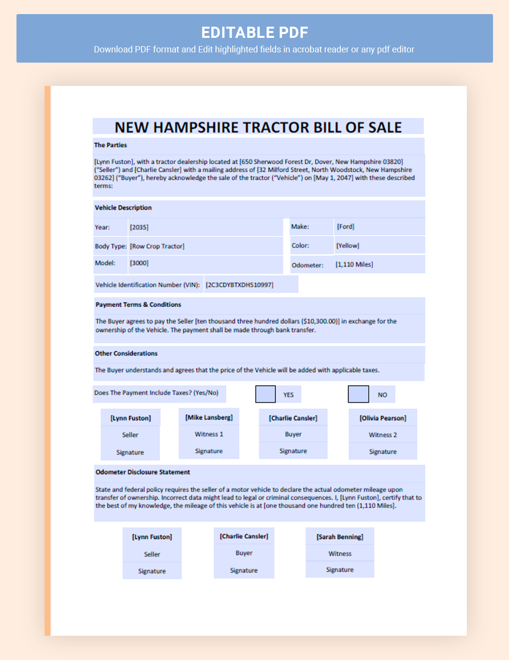 New Hampshire Tractor Bill Of Sale Template