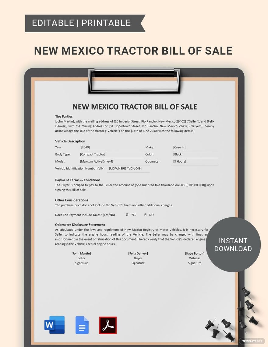New Mexico Tractor Bill Of Sale Template in Word, Google Docs, PDF