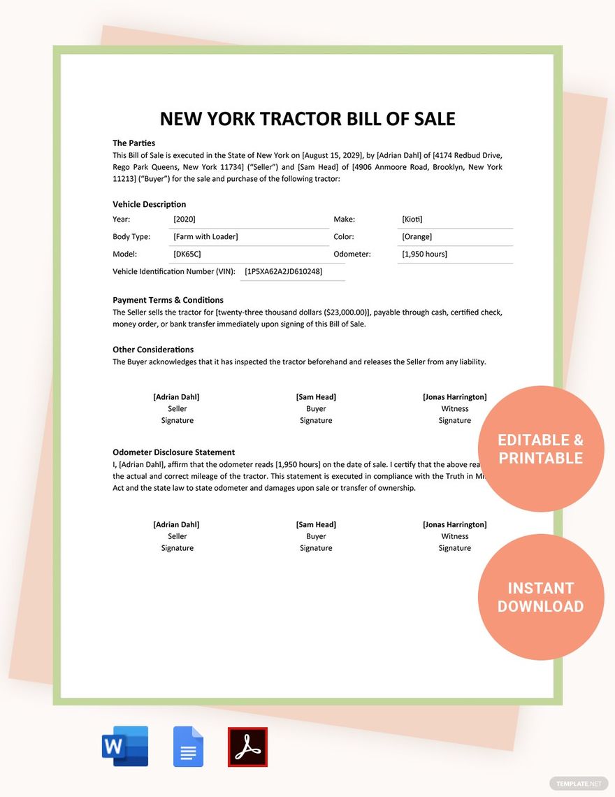 Free New York Tractor Bill Of Sale Form Template in Word, Google Docs, PDF, Apple Pages