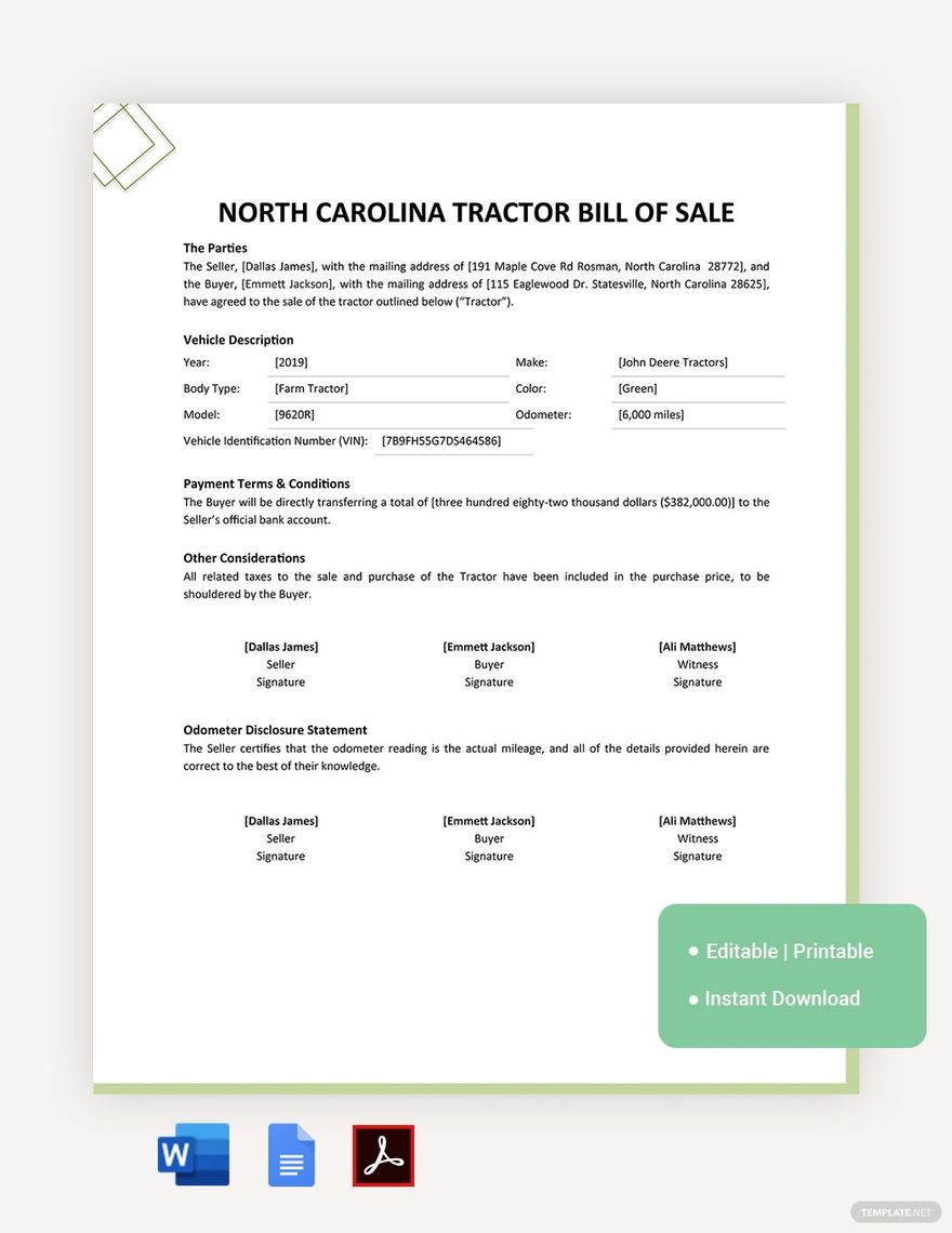 North Carolina Tractor Bill Of Sale Template