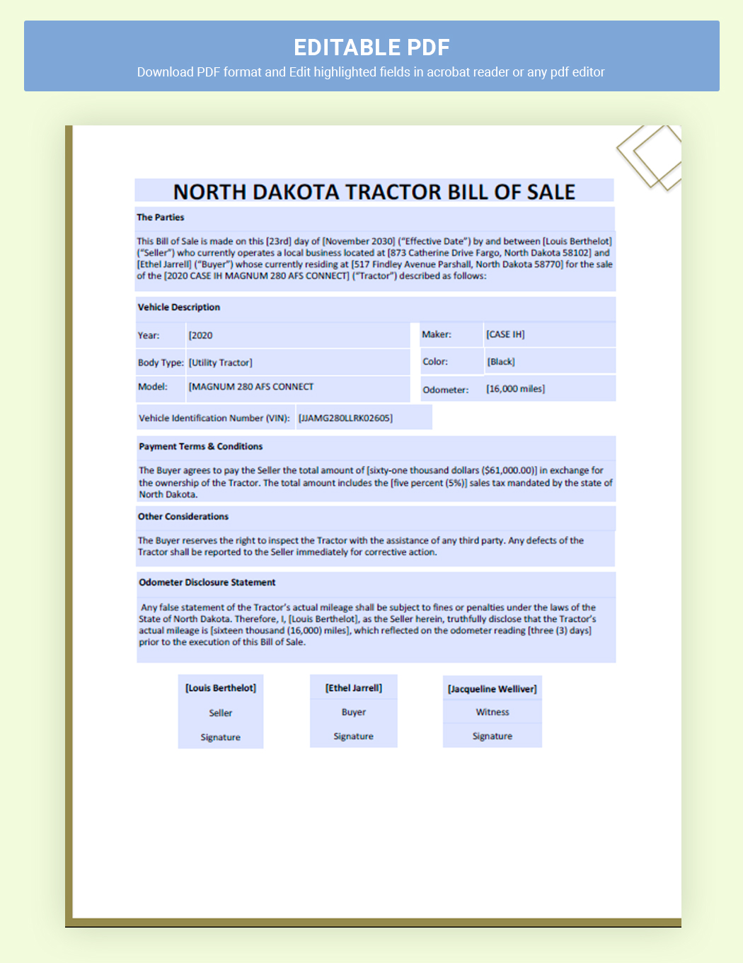 North Dakota Tractor Bill Of Sale Template