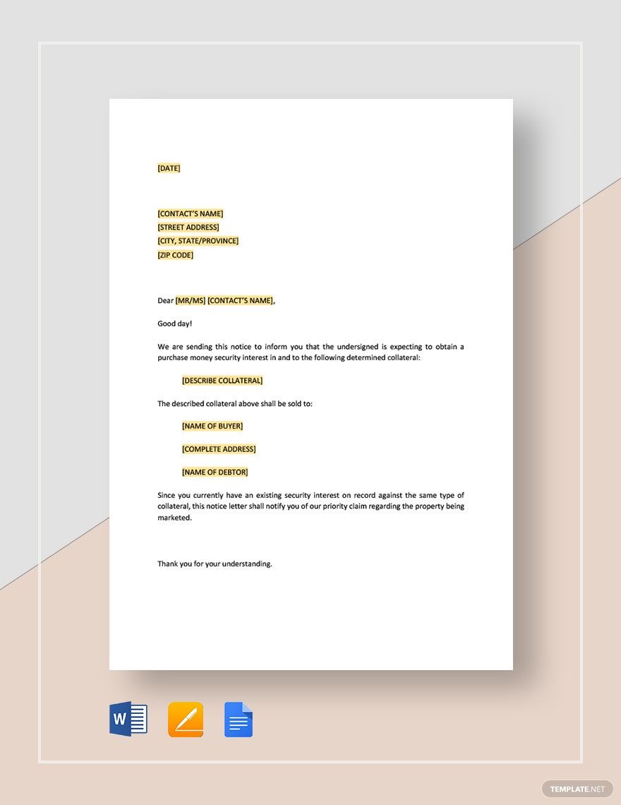 Prior Secured Party Notice Template