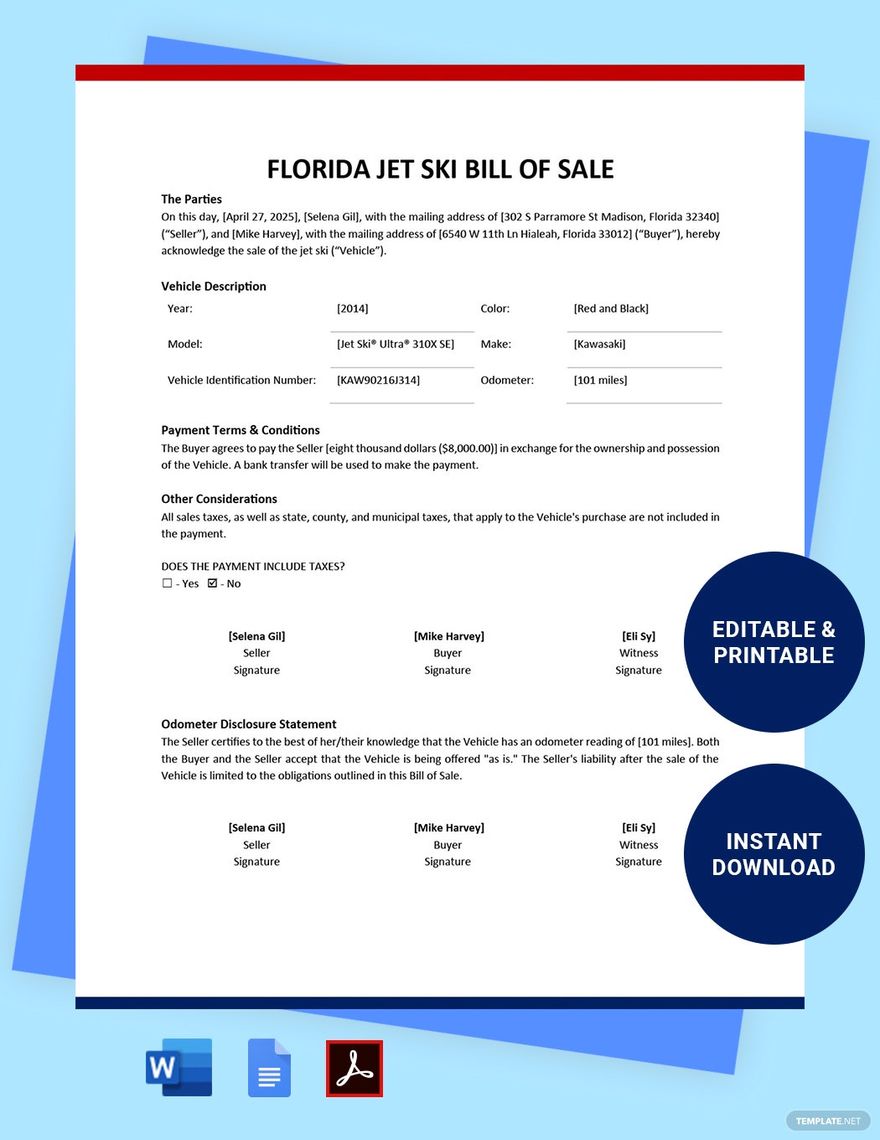 Florida Jet Ski Bill of Sale Template