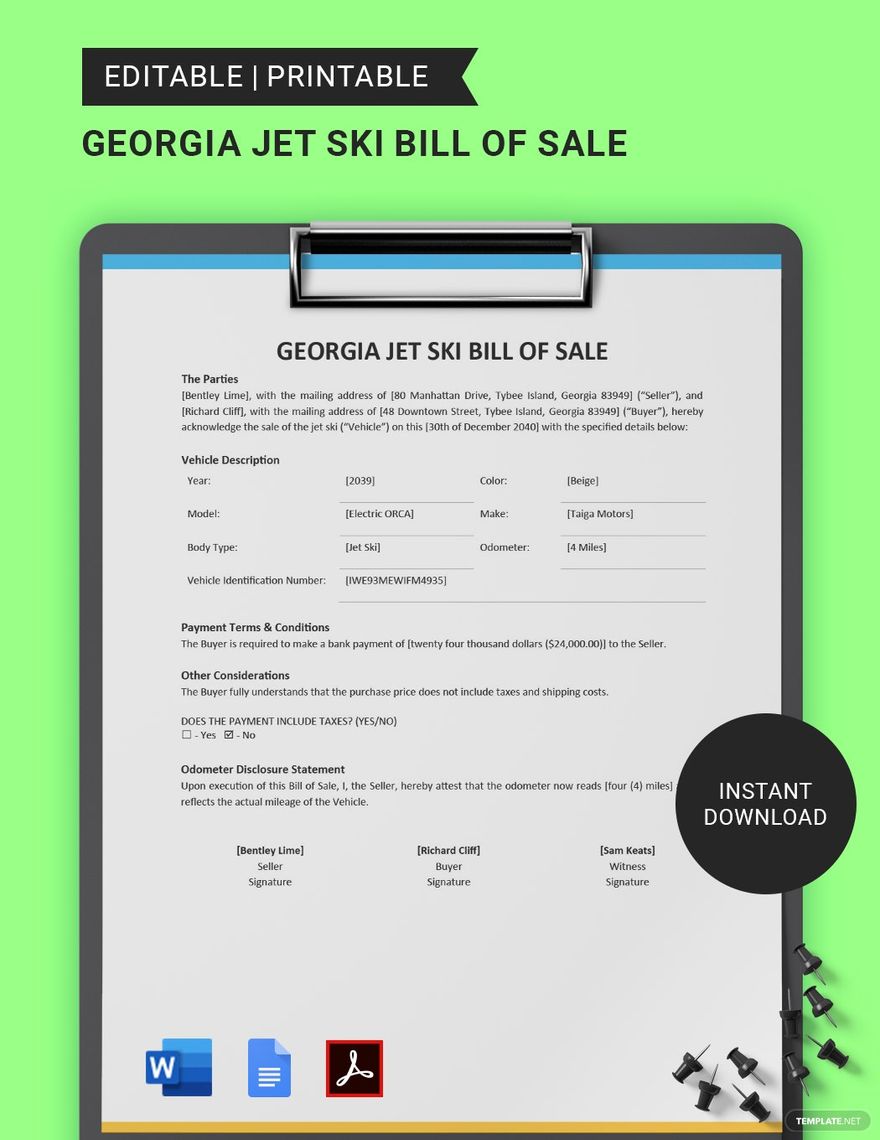 Georgia Jet Ski Bill of Sale Template