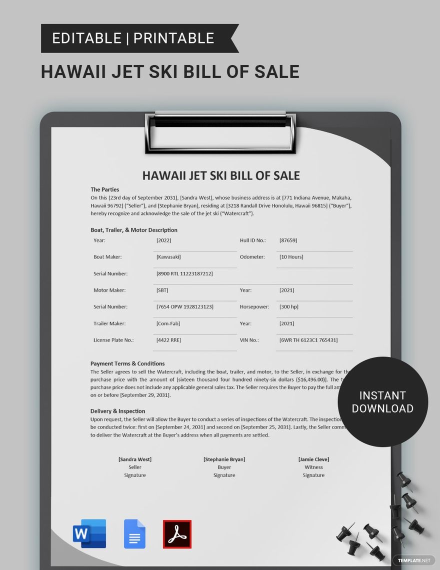 Hawaii Jet Ski Bill of Sale Template
