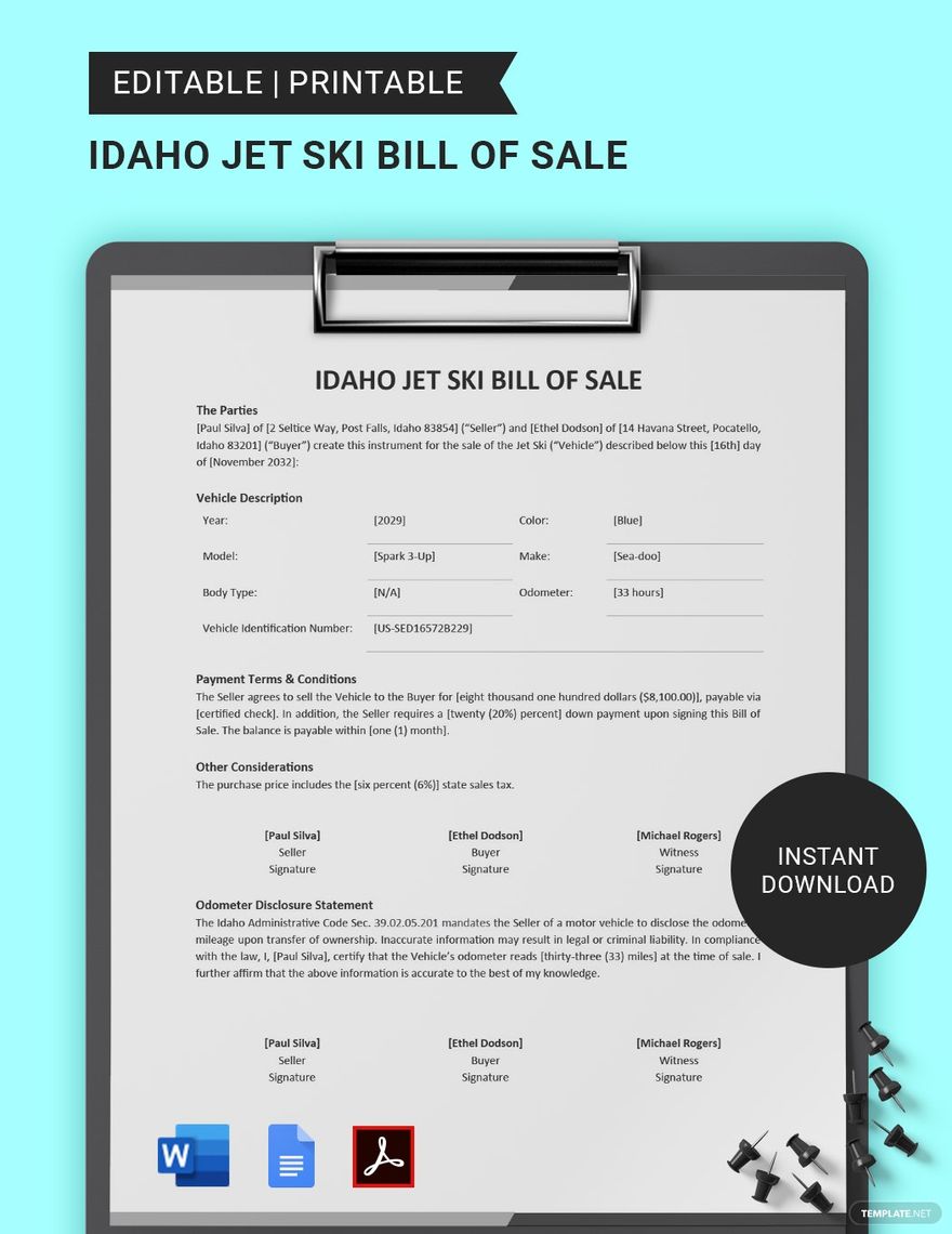 Idaho Jet Ski Bill of Sale Template