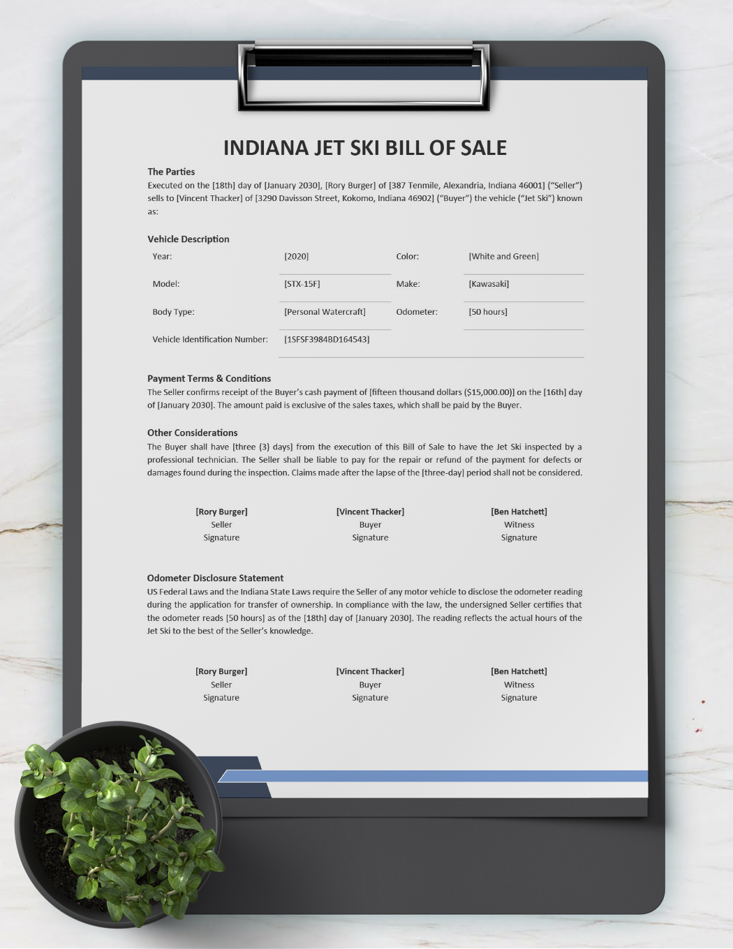 Indiana Jet Ski Bill of Sale Template