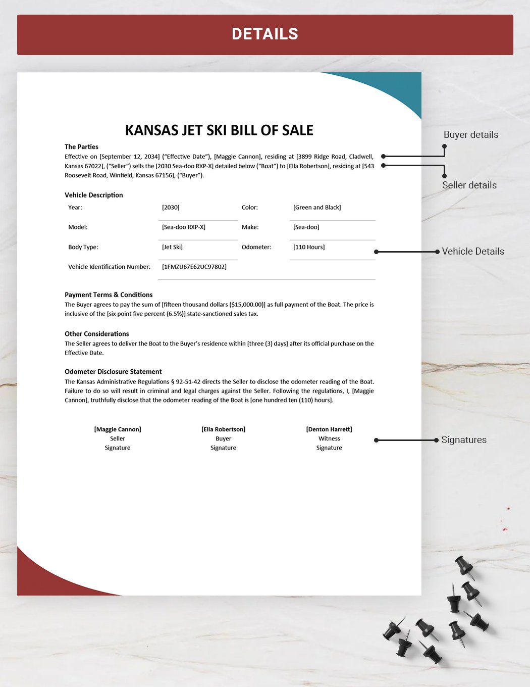 Kansas Jet Ski Bill of Sale Form Template