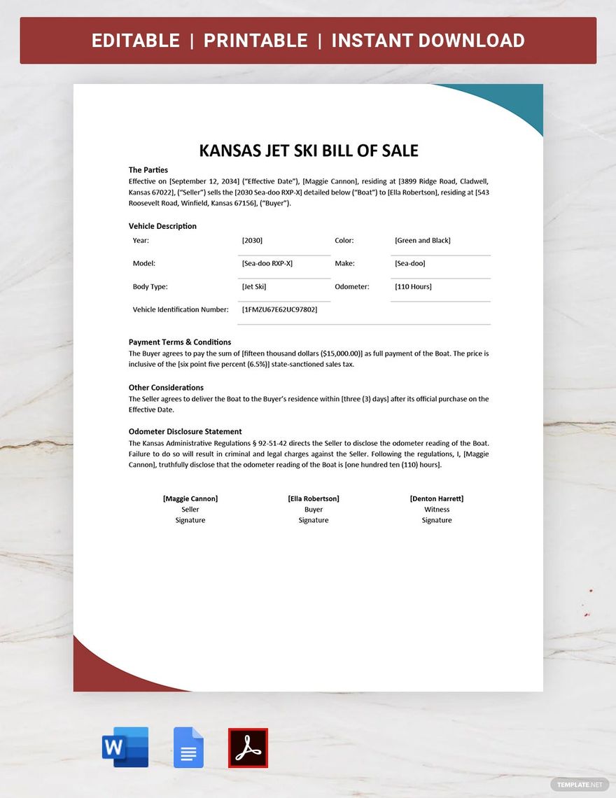 Free Kansas Jet Ski Bill of Sale Form Template in Word, Google Docs, PDF, Apple Pages