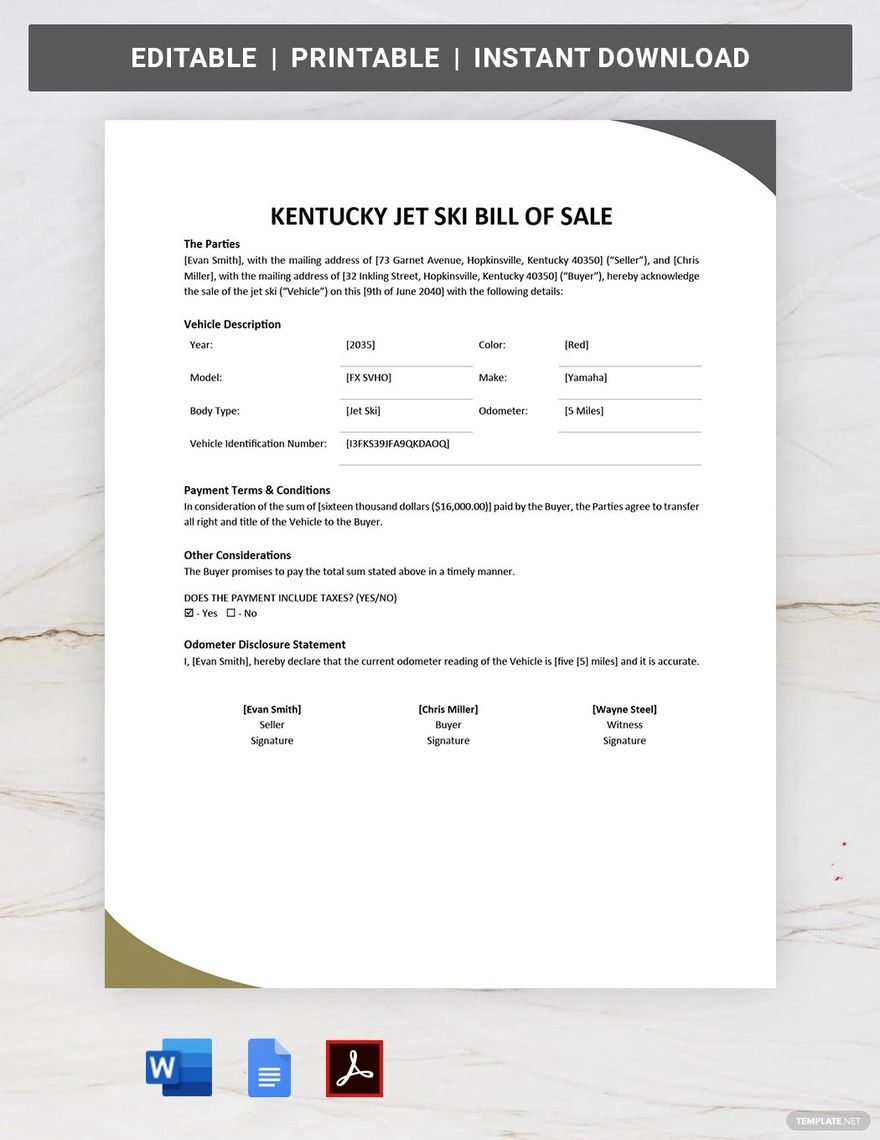 Kentucky Jet Ski Bill of Sale Template in Word, Google Docs, PDF