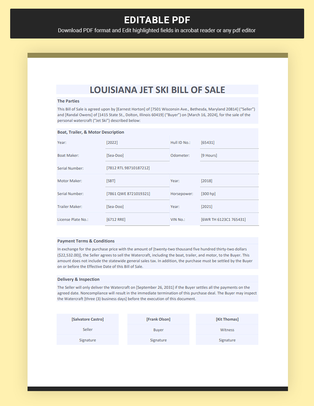 Louisiana Jet Ski Bill Of Sale Template Download in Word, Google Docs