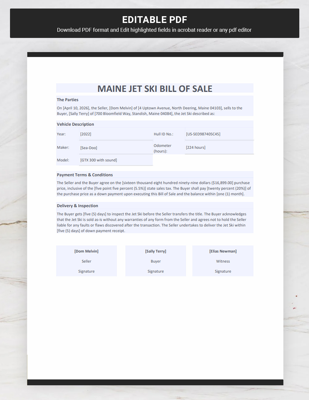Maine Jet Ski Bill of Sale Template Download in Word, Google Docs