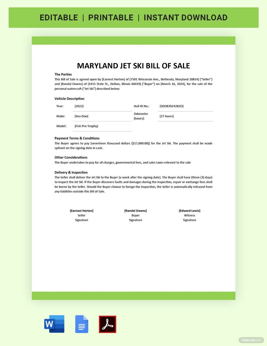 Maryland Jet Ski Bill of Sale Template