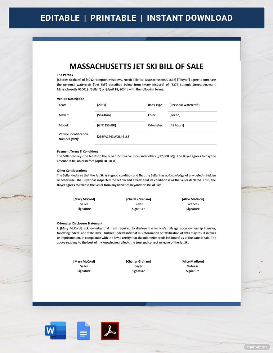 Massachusetts Jet Ski Bill of Sale Template