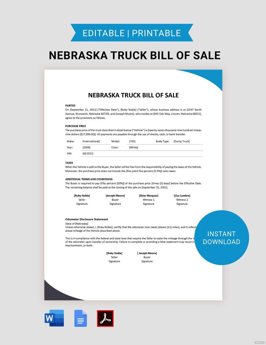 Nebraska Truck Bill of Sale Template