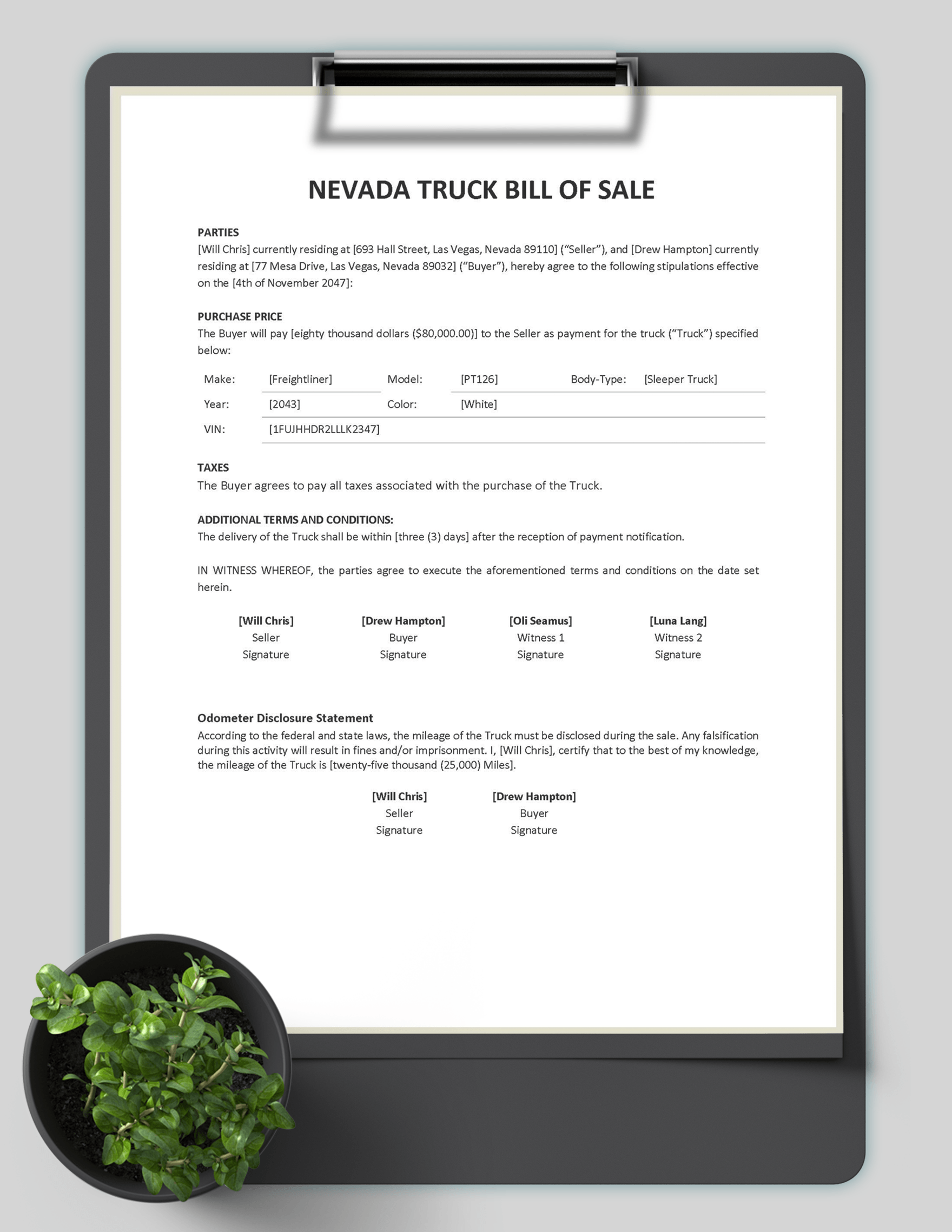 Nevada Truck Bill of Sale Template