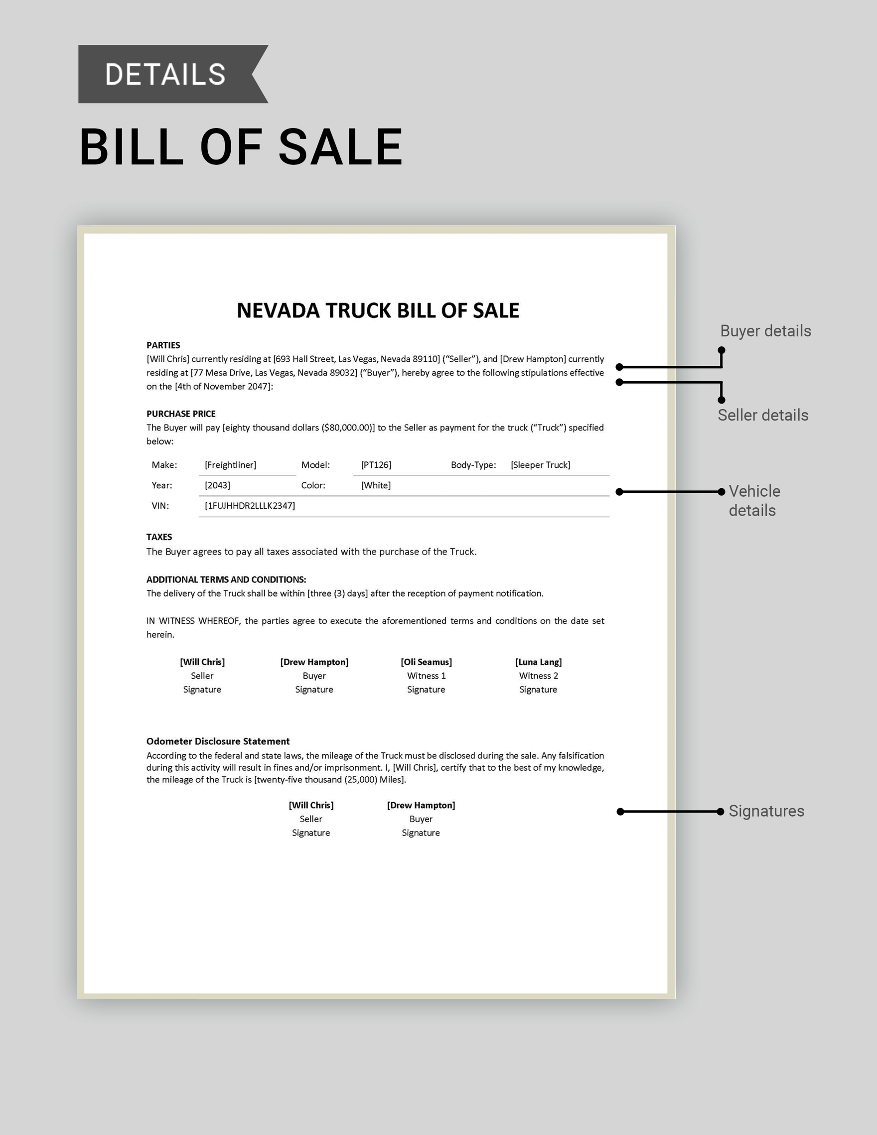 Nevada Truck Bill of Sale Template