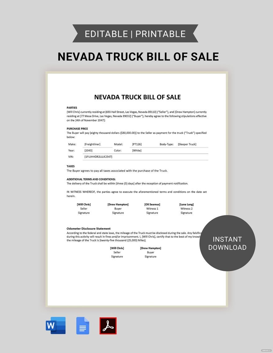 Nevada Truck Bill of Sale Template in Word, Google Docs, PDF