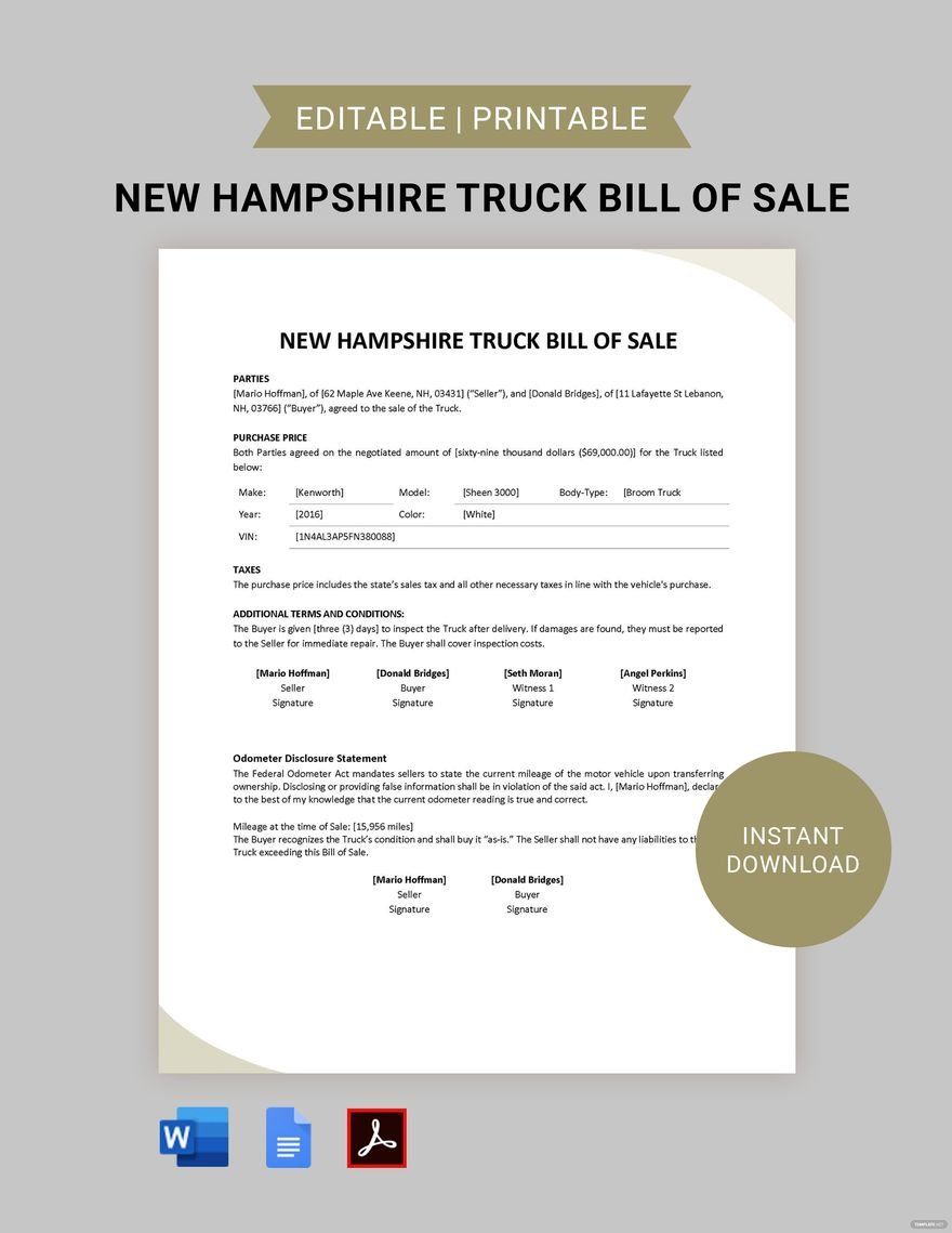 New Hampshire Truck Bill of Sale Template in Word, Google Docs, PDF